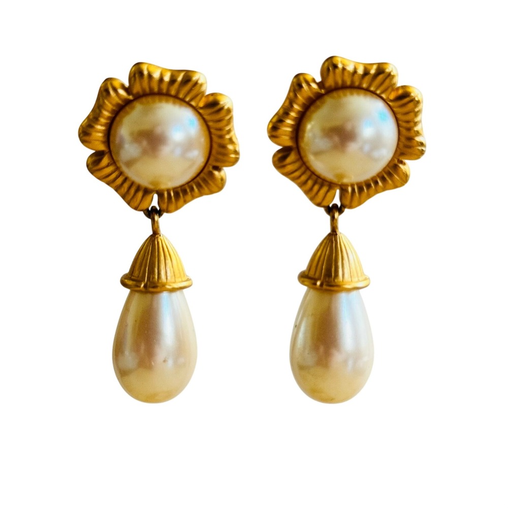 Monet Clip Earrings VTG Regal Dangle Pearl Cabochon Gold Iconic Flower Regal 80s